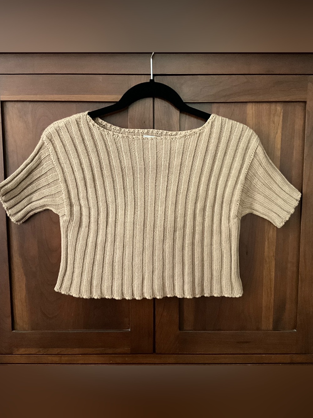 Baserange Ribbed Organic Cotton Bateau Neck Cropped Sweater Top Camel Size XS